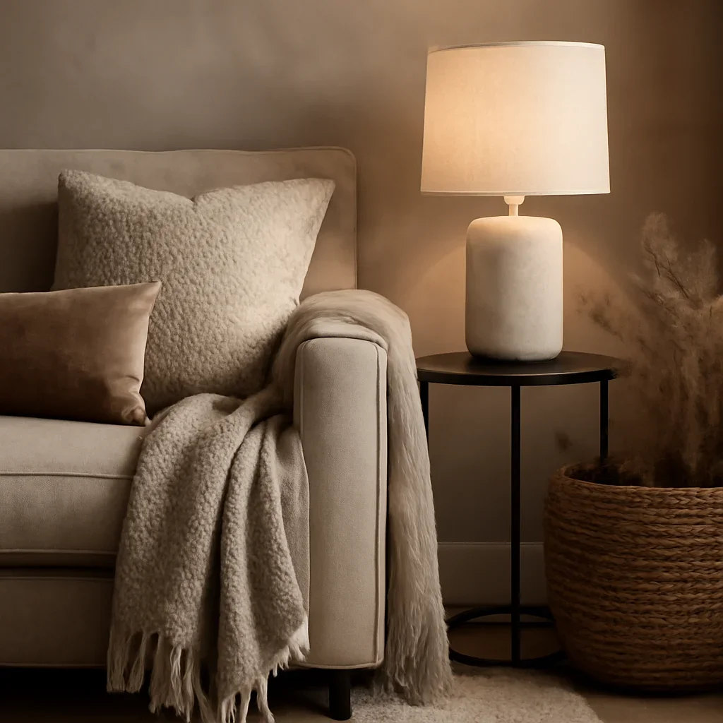 Close-up interior styling details that reflect the finish and mood of living room interior design.