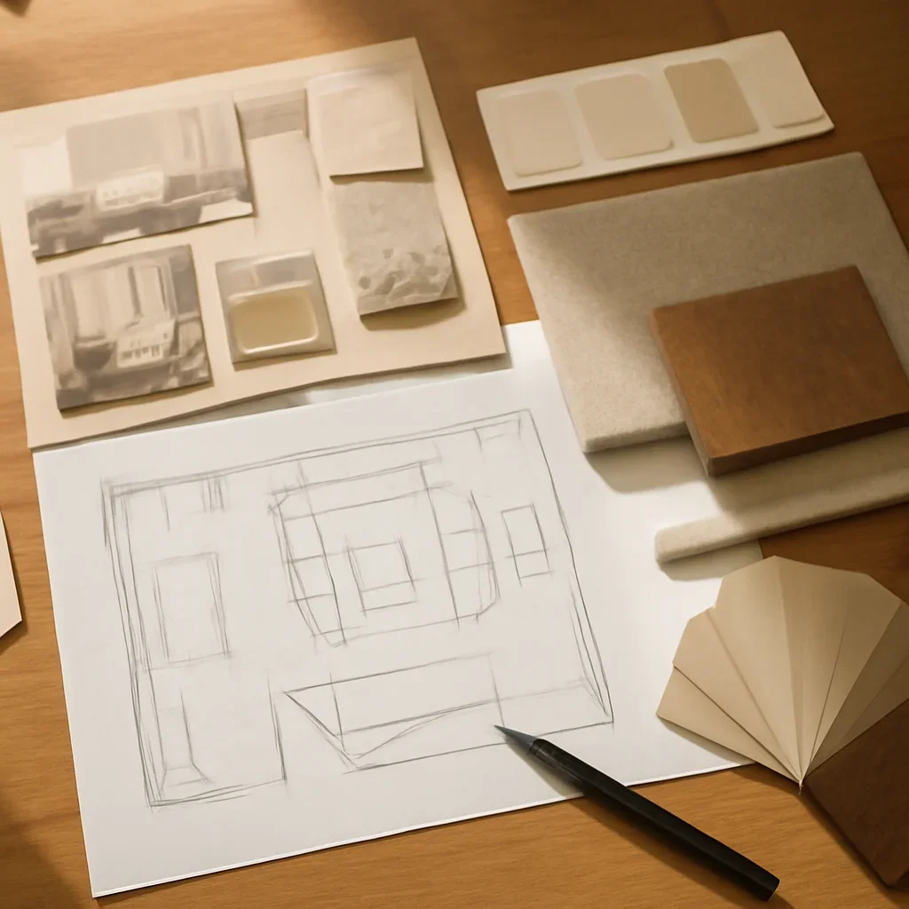 Design planning materials and selections arranged for a living room interior design project.