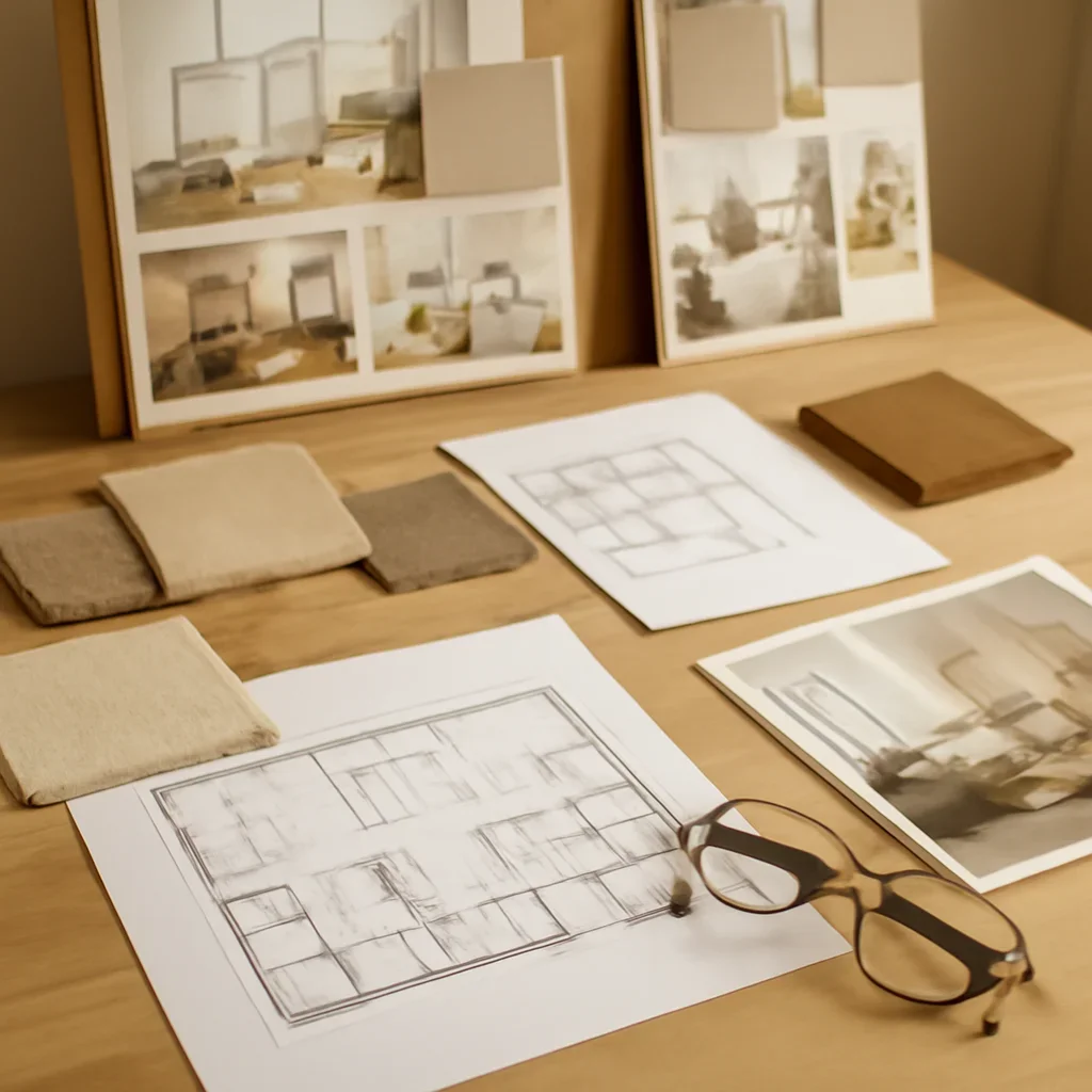 Design planning materials and selections arranged for a open concept layout design project.