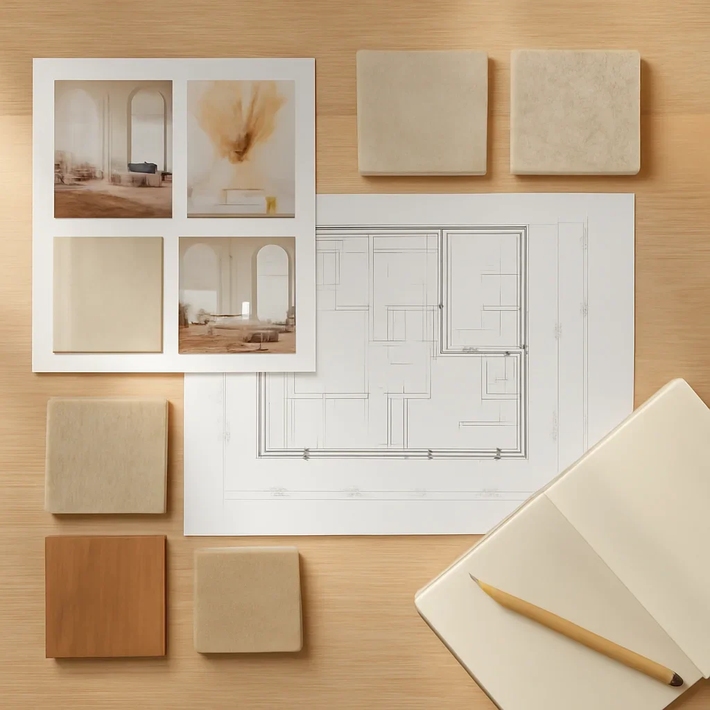 Design planning materials and selections arranged for a solutions project.