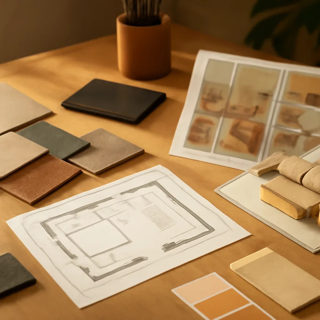 Design planning materials and selections arranged for a small space interior design project.