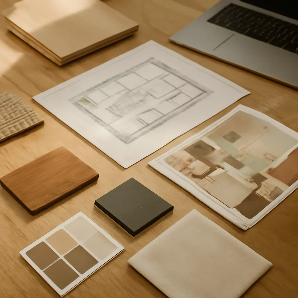 Design planning materials and selections arranged for a how online design works project.