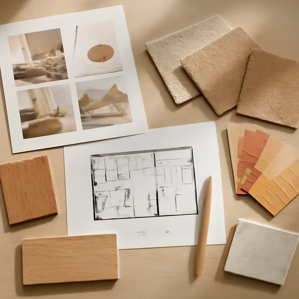 Design planning materials and selections arranged for a support project.